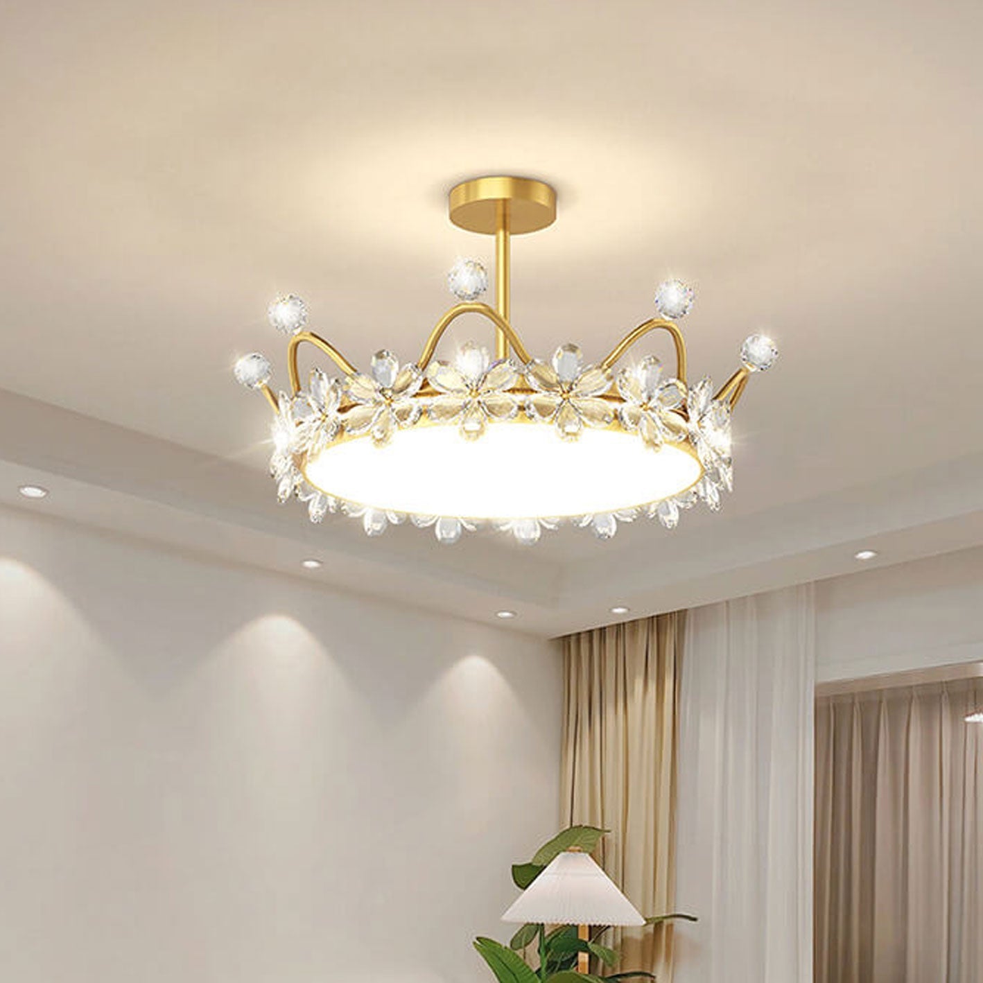Modern Minimalist Wrought Iron Crystal Crown Projection LED Flush Mount Ceiling Light