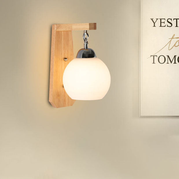 Japanese Simple Glass Round Shade Wood Arm 1-Light Wall Sconce Lamp