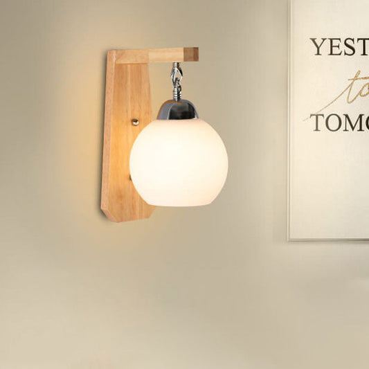 Japanese Simple Glass Round Shade Wood Arm 1-Light Wall Sconce Lamp