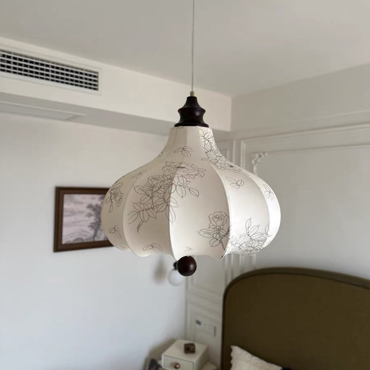 Traditional Vintage Chestnut Shaped Walnut Fabric Iron 1-Light Pendant Light For Bedroom