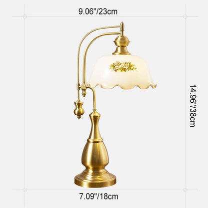 Chinese Retro Camellia Printed Glass Copper Wood Vase Base 1-Light Table Lamp