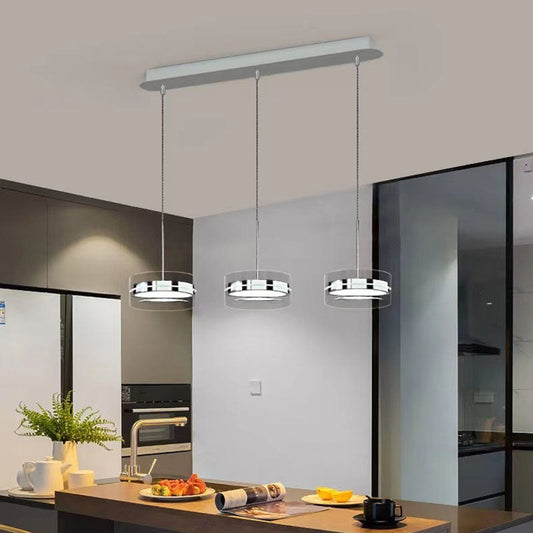 ثريا جزيرة LED بتصميم إسكندنافي معاصر مصنوعة من الفولاذ المقاوم للصدأ وزجاج أسطواني لغرفة الطعام 