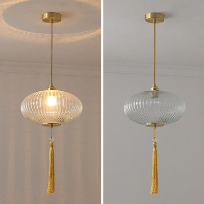Traditional Chinese Lantern Spherical Copper Glass 1-Light Pendant Light For Bedroom