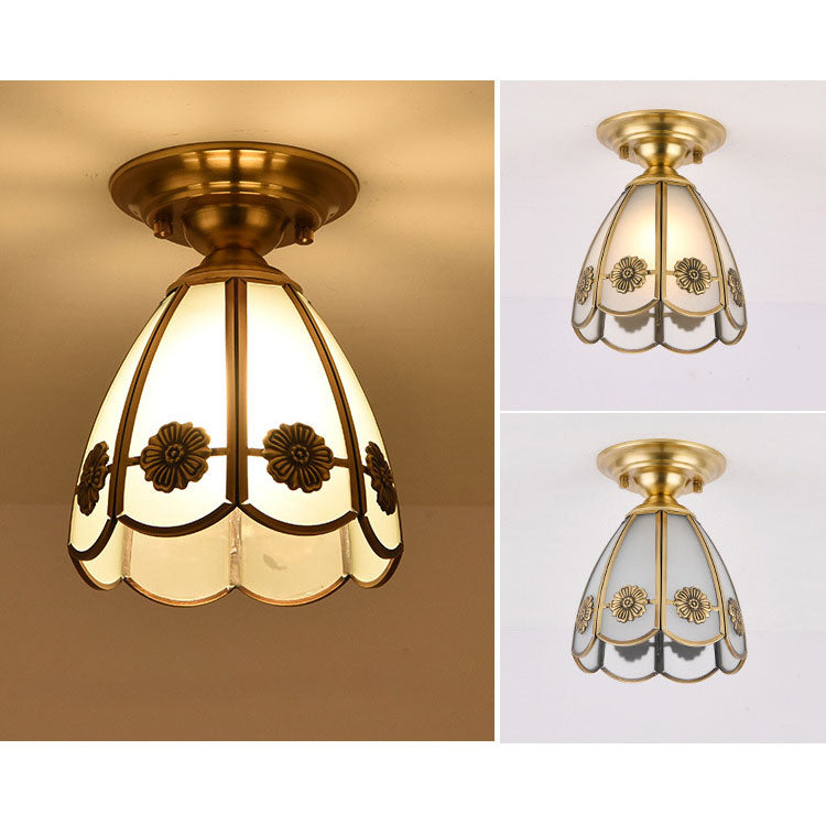 European Luxury Brass Glass Cone 1-Light Semi-Flush Mount Ceiling Light