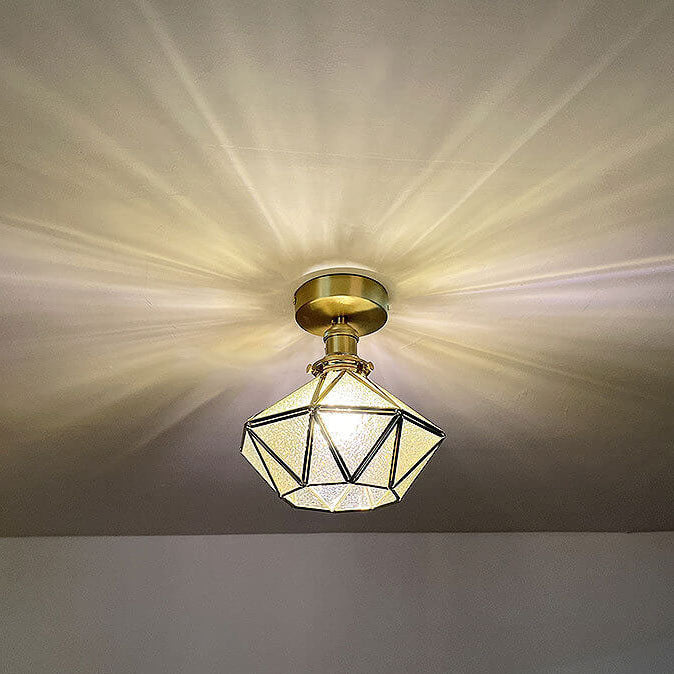 Modern Brass Glass Diamond 1-Light Semi-Flush Mount Ceiling Light