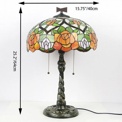 Traditional Tiffany Rose Dragonfly Stained Glass Dome 2-Light Table Lamp For Study