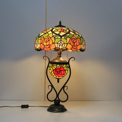 Tiffany European Vintage Floral Stained Glass Round Pot 3-Light Table Lamp