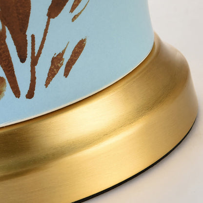 Traditional Chinese Plum Blossom Cylindrical Copper Ceramic Fabric 1-Light Table Lamp For Bedroom