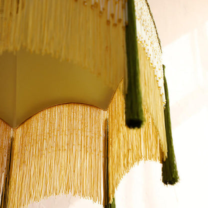 French Vintage Fabric Tassel Lampshade Brass 1-Light Pendant Light
