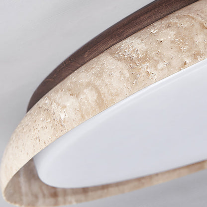 Traditional Japanese Round Disc Style Travertine Solid Wood Acrylic LED Flush Mount Ceiling Light For Bedroom