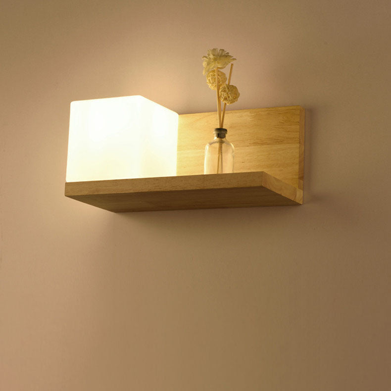 Japanese Minimalist Wood Square Glass 1-Light Wall Sconce Lamp