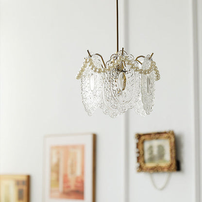 Traditional French Feather Pearl Petal Hardware Glass 1-Light Pendant Light For Bedroom