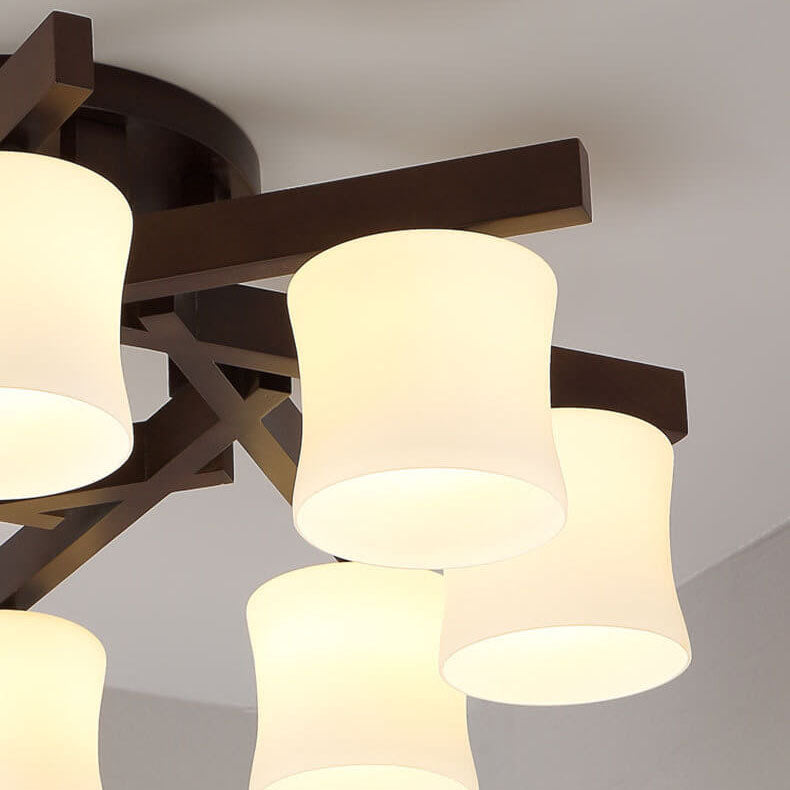 Modern Walnut Solid Glass Cylinder Shade 3/5/8 Light Semi-Flush Mount Ceiling Light