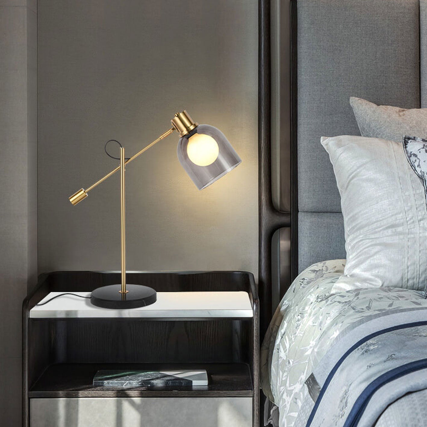 Postmodern Smoke Gray Glass Dome Metal  Arm 1-Light Table Lamp