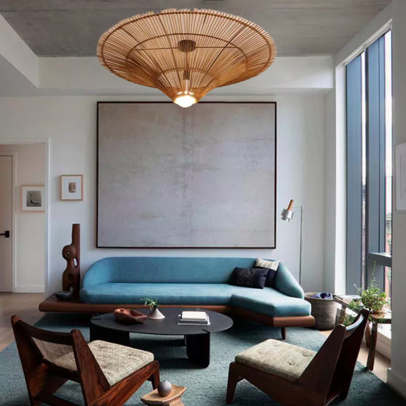 Traditional Japanese Rattan Weaving Hat 1-Light Semi-Flush Mount Ceiling Light For Living Room
