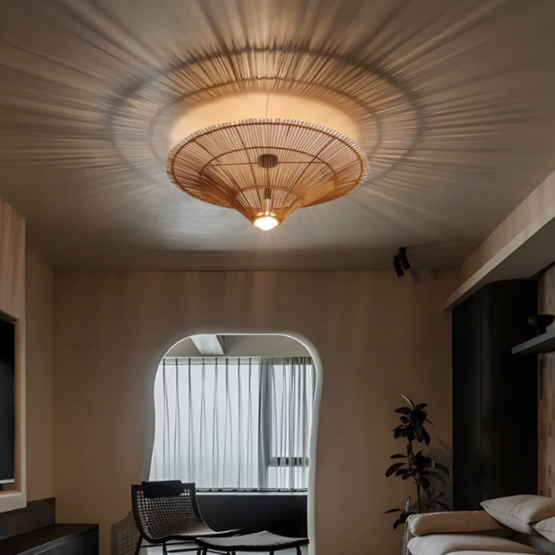 Traditional Japanese Rattan Weaving Hat 1-Light Semi-Flush Mount Ceiling Light For Living Room