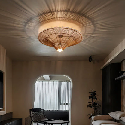 Traditional Japanese Rattan Weaving Hat 1-Light Semi-Flush Mount Ceiling Light For Living Room