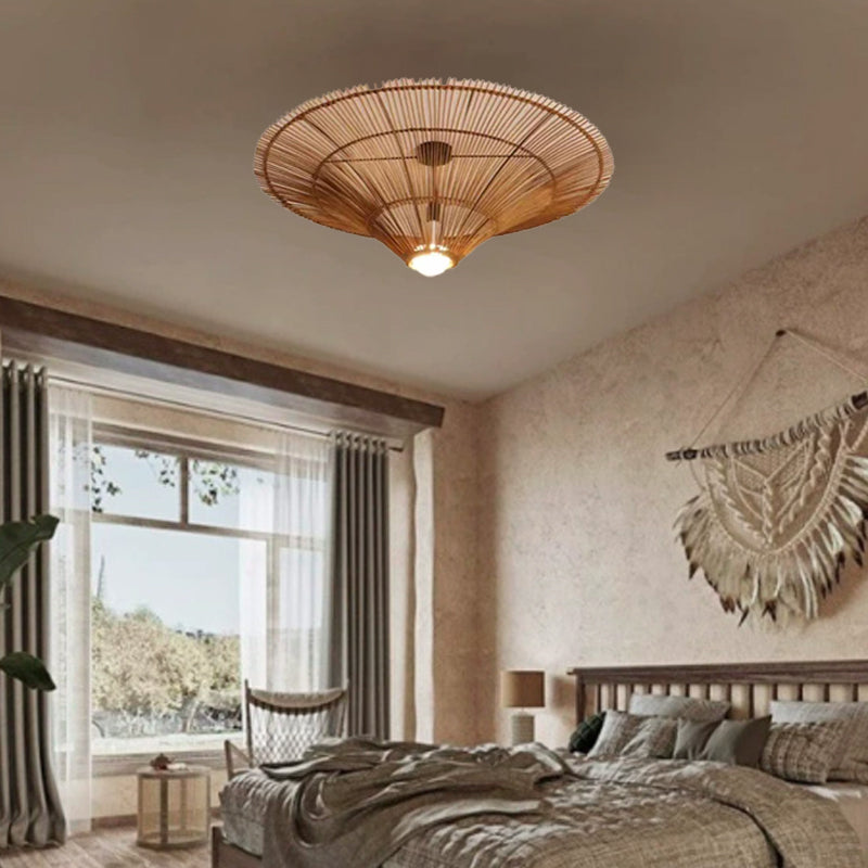 Traditional Japanese Rattan Weaving Hat 1-Light Semi-Flush Mount Ceiling Light For Living Room