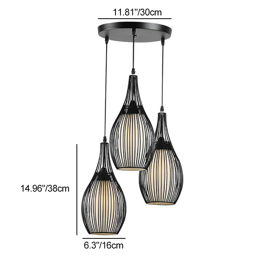 Vintage Iron Black Teardrop Shaped Hanging 3-Light Chandeliers