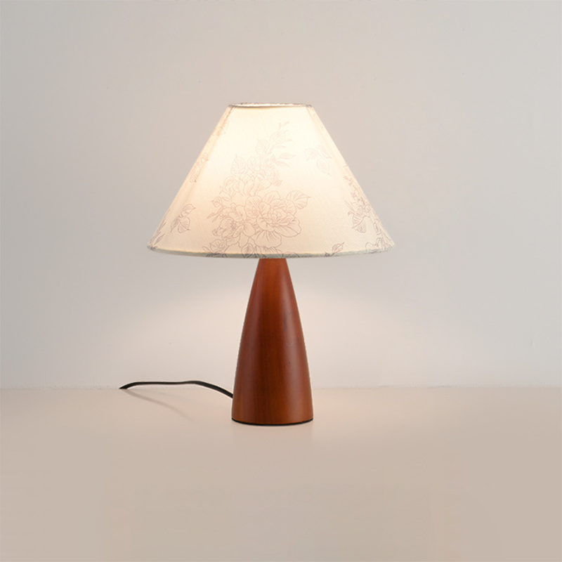 Traditional Japanese Printed Fabric Conical Shade Solid Wood 1-Light Table Lamp For Bedroom