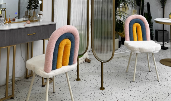 Contemporary Creative Rainbow Lambswool Iron Vanity Stool Backrest Armless For Bedroom