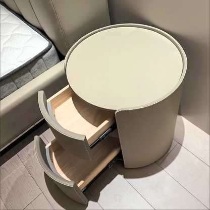 Modern Luxury Round Faux Saddle Leather Nightstand 2-Drawer For Bedroom