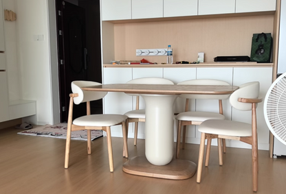 Traditional Japanese Elliptical Ash Wood Oaken Faux Leather Dining Table & Chair Set For 4/6 Seats