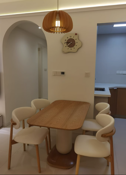 Traditional Japanese Elliptical Ash Wood Oaken Faux Leather Dining Table & Chair Set For 4/6 Seats