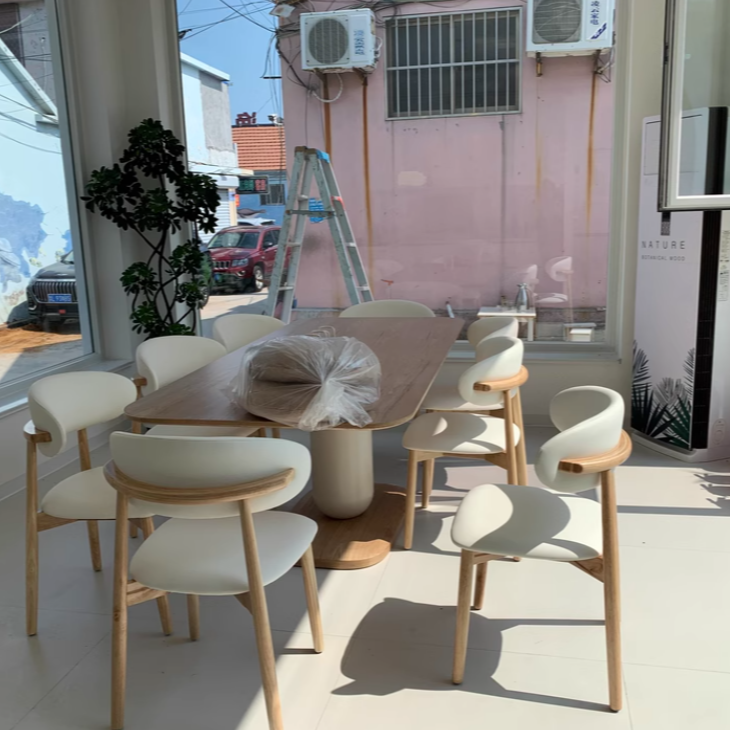 Traditional Japanese Elliptical Ash Wood Oaken Faux Leather Dining Table & Chair Set For 4/6 Seats