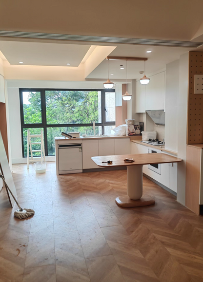 Traditional Japanese Elliptical Ash Wood Oaken Faux Leather Dining Table & Chair Set For 4/6 Seats