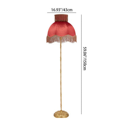 Traditional Vintage Cylinder Semicircle Tassel Fabric Copper 1-Light Standing Floor Lamp For Living Room