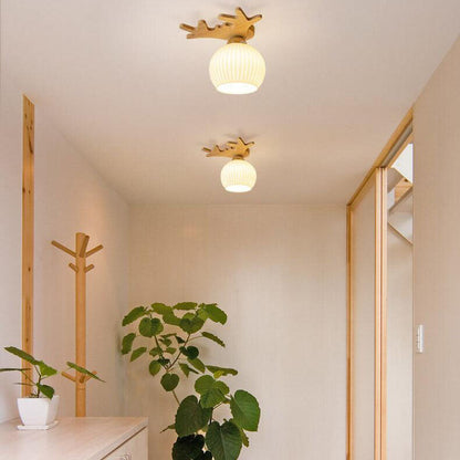 Nordic Simple Solid Wood Antler Glass Dome 1-Light Semi-Flush Mount Ceiling Light