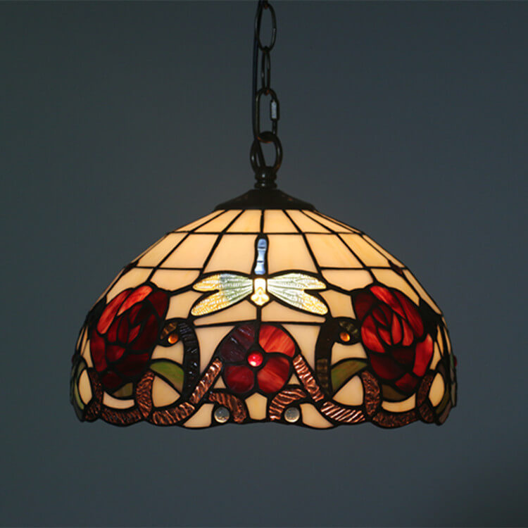 Tiffany Vintage Butterfly Stained Glass Dome 1-Light Pendant Light