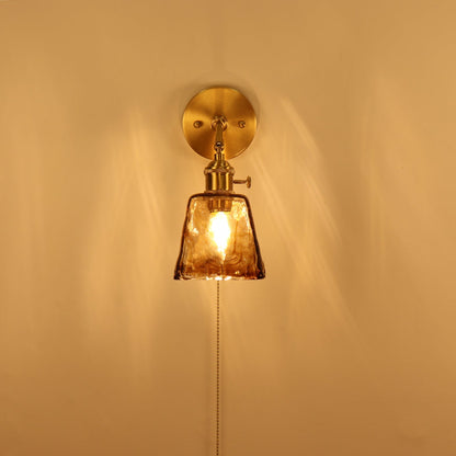 Traditional Vintage Brass Amber Square Glass Shade 1-Light Wall Sconce Lamp For Living Room