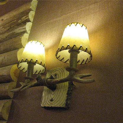 Traditional Vintage Antler Iron Resin Faux Parchment Shade 2-Light Wall Sconce Lamp For Living Room