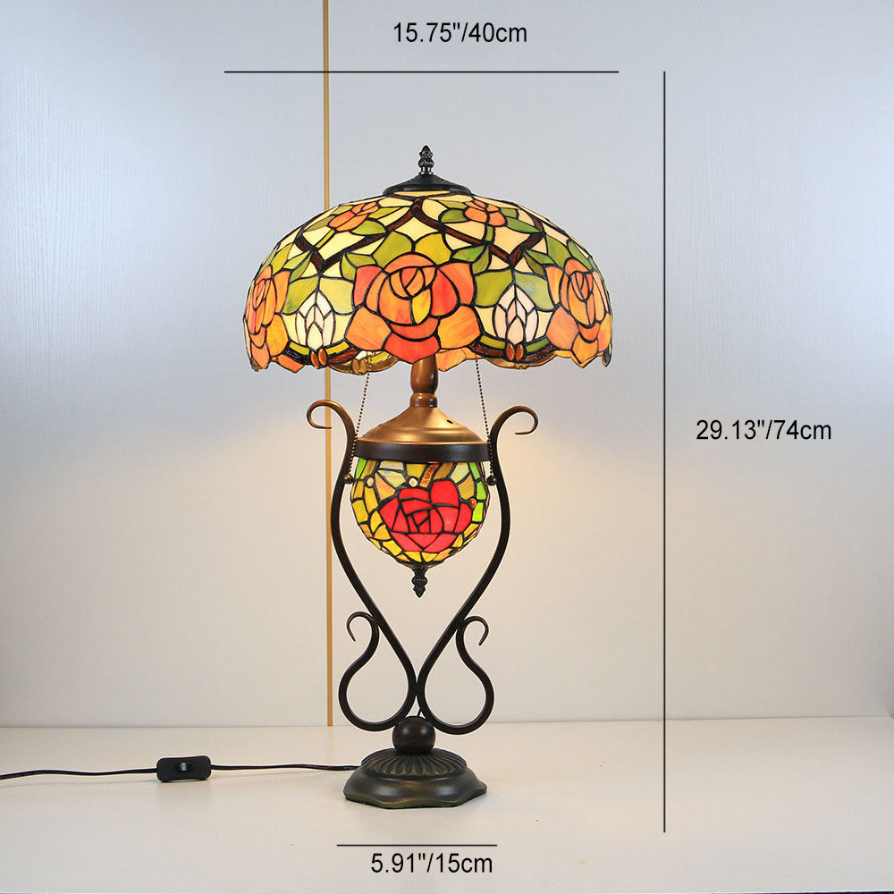 Tiffany European Vintage Floral Stained Glass Round Pot 3-Light Table Lamp
