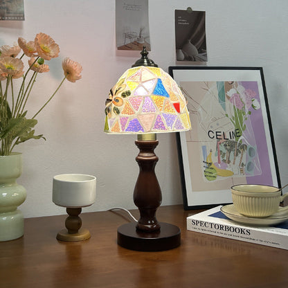 Traditional Vintage Wood Glass Hemispheroid Shell Lozenge 1-Light Table Lamp For Bedside