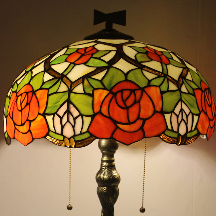 Traditional Tiffany Rose Dragonfly Stained Glass Dome 2-Light Table Lamp For Study