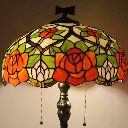 Traditional Tiffany Rose Dragonfly Stained Glass Dome 2-Light Table Lamp For Study