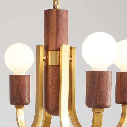 Contemporary Vintage Curved Rod Cylinder Candlestick Shape Copper Wood 3/4/5 Light Chandelier For Living Room