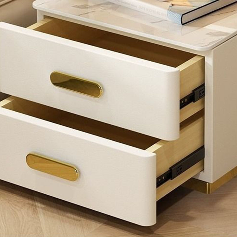 Contemporary Luxury Rectangular Rock Slab Solid Wood Microfiber Leather Nightstand 2-Drawer For Bedroom