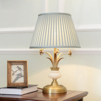 Modern Minimalist Round Trapezoidal Flower Leaf Base Brass Jade Fabric 1-Light Table Lamp For Bedroom