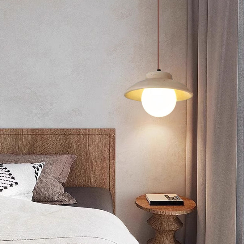 Traditional Vintage Bowl Shape Wood Natural Stone 1-Light Pendant Light For Bedroom