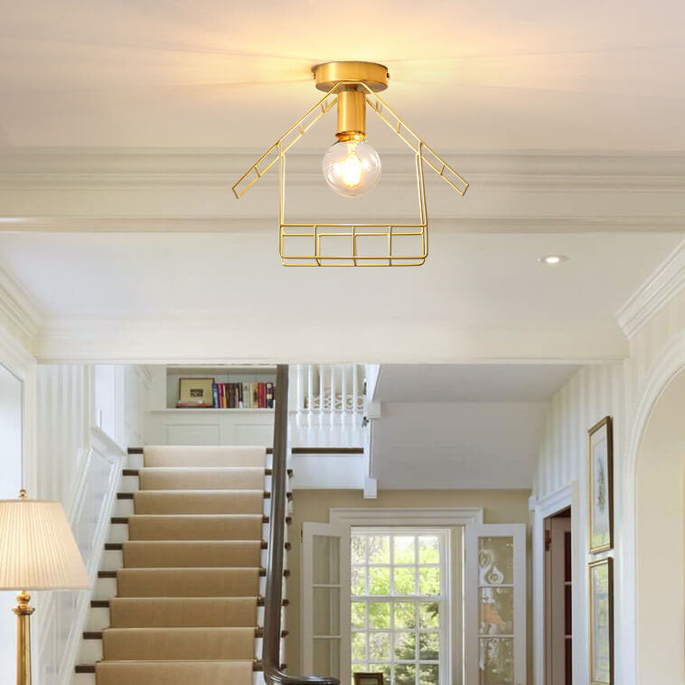 Simple 1-Light Shed Shape Semi-Flush Mount Lighting