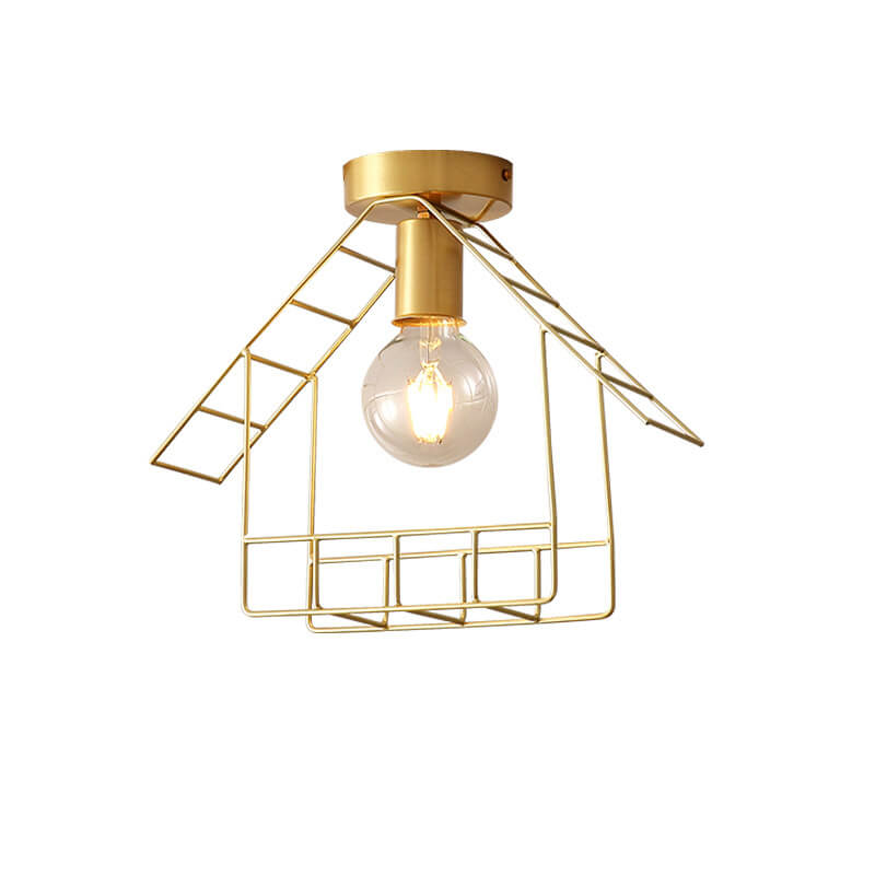 Simple 1-Light Shed Shape Semi-Flush Mount Lighting