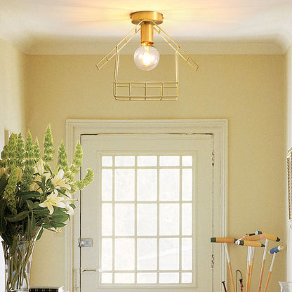 Simple 1-Light Shed Shape Semi-Flush Mount Lighting