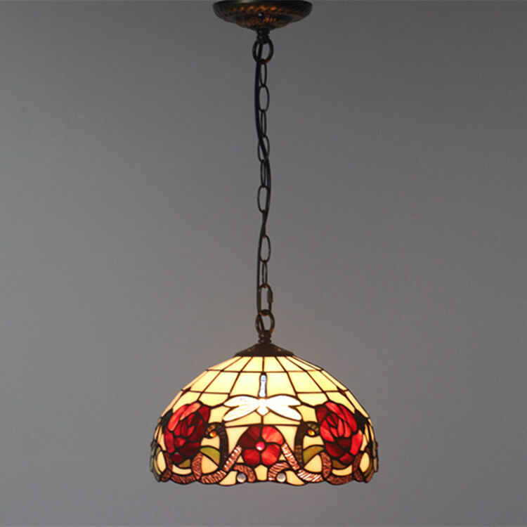 Tiffany Vintage Butterfly Stained Glass Dome 1-Light Pendant Light