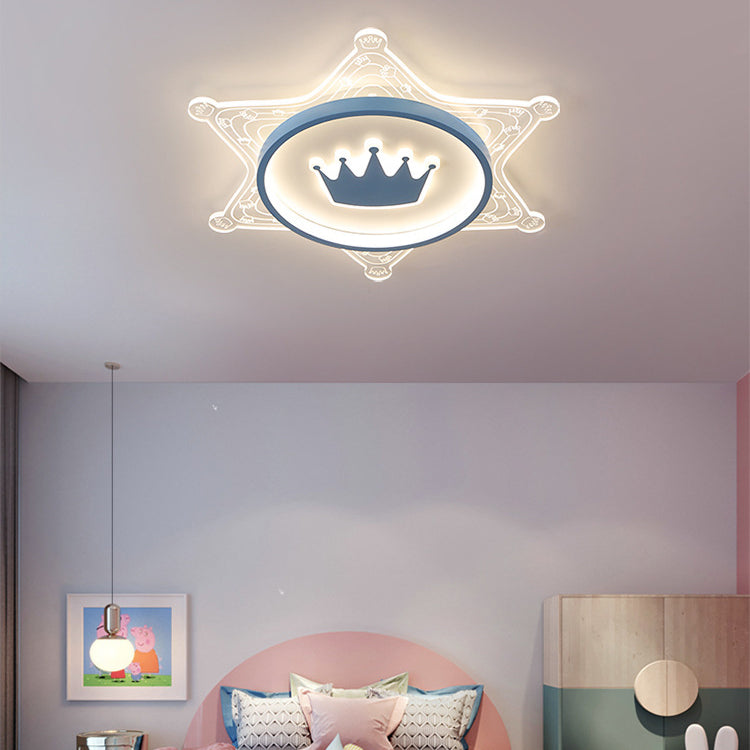 Modern Art Deco Crown Round Pentagon Acrylic Iron LED Flush Mount Ceiling Light For Living Room