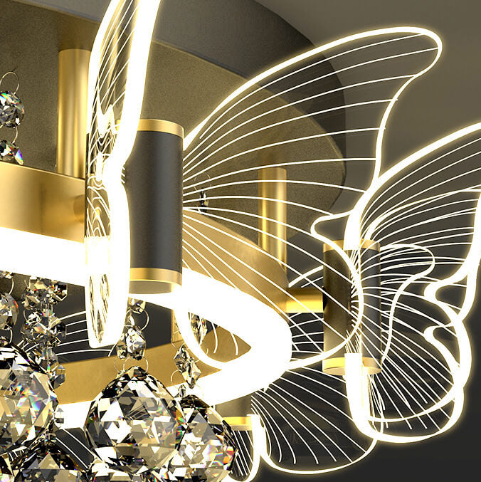Modern Luxury Radiant Crystal Strings Butterfly Embellishment Round Shade LED Flush Mount Ceiling Light For Living Room