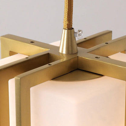 Traditional Chinese Copper Framed Glass Shade 1-Light Pendant Light For Living Room